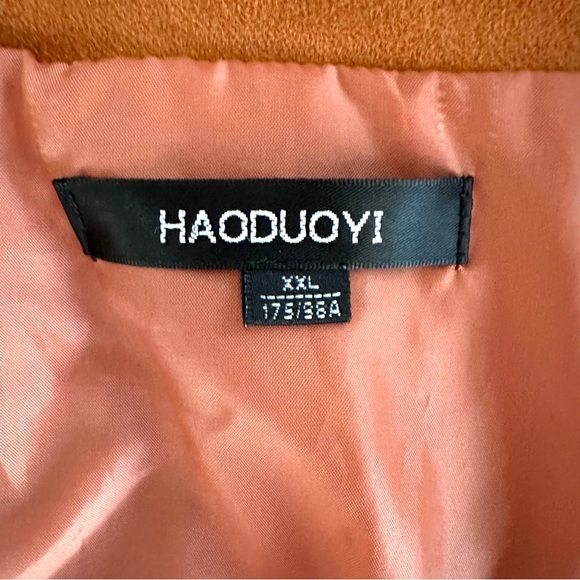 FAUX SUEDE FRINGE ASYMMETRICAL MOTO JACKET IN COGNAC BROWNISH-ORANGE Sz. LG/XL - Picture 8 of 12